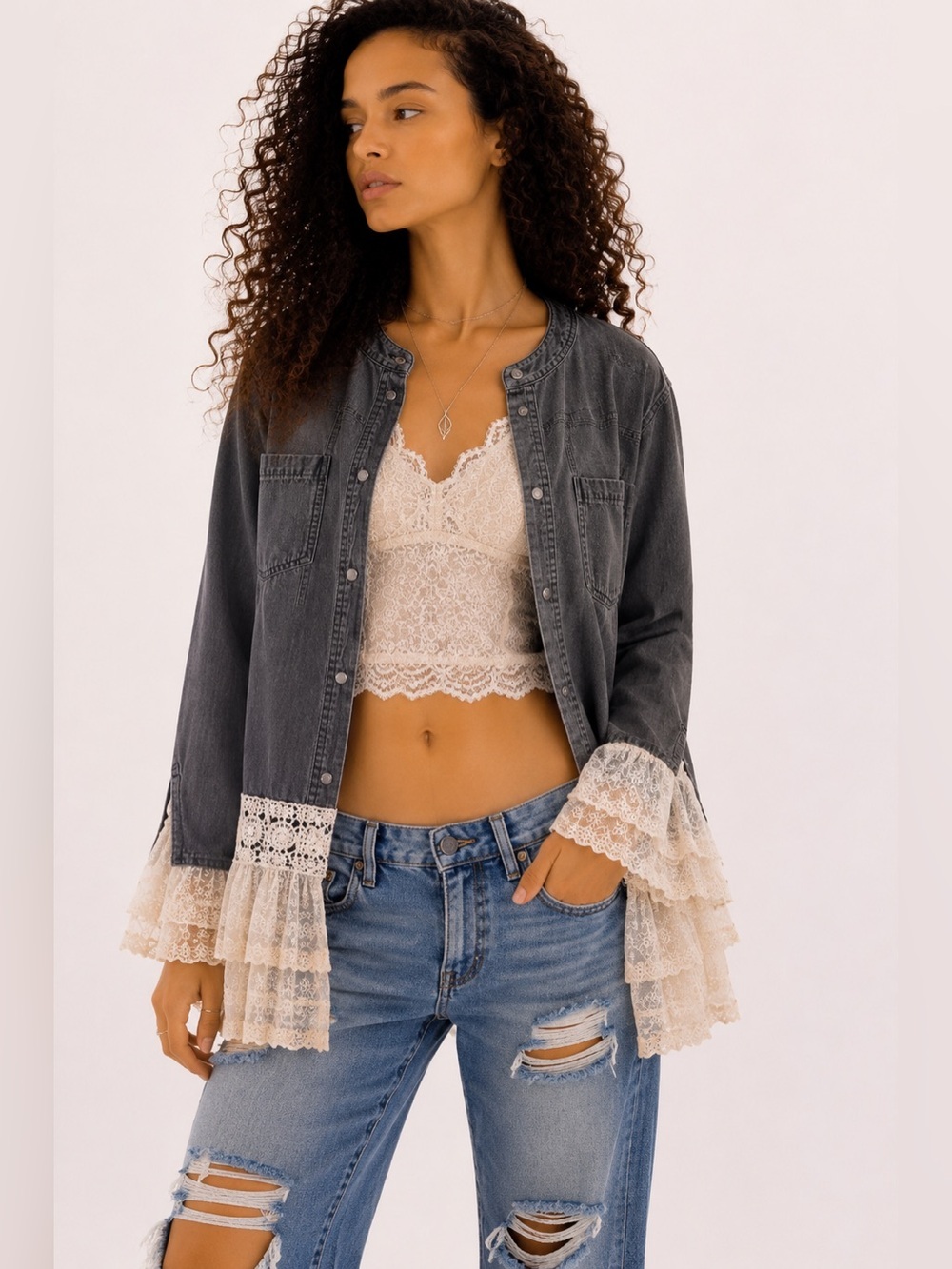 Boho Gray Denim Lace Ruffle Jacket Top Romantic Cottagecore Medium